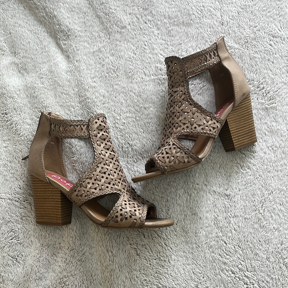 Summer sandal heels, three inch wide heel, brown/nude, size 8, worn twice